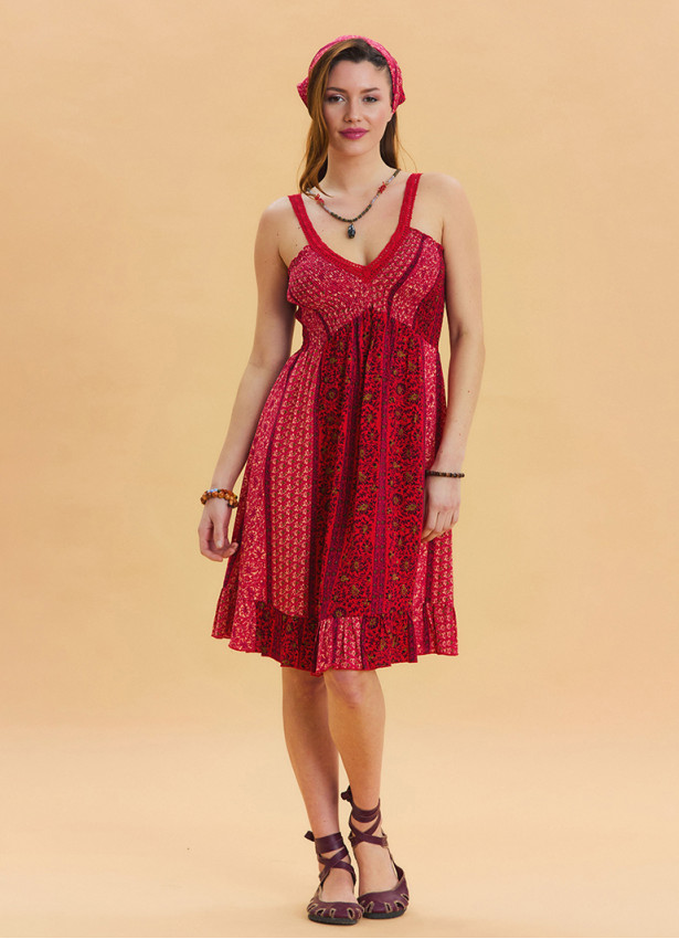 Strap Lace Collar Red Floral Dress 4574